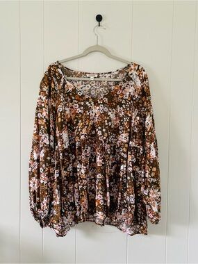 ANDREE BY UNIT Brown and Pink Floral Peasant Blouse